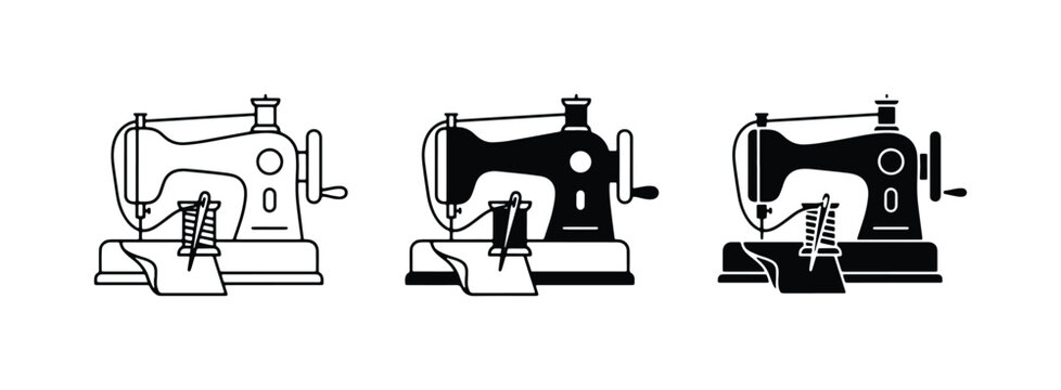Vintage sewing machine icons, antique tailor equipment set, black and white craft vector symbols