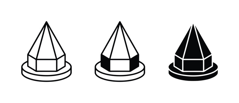 Geometric cone icon set, black and white pyramid shape vectors, 3D polygon symbols for UI design