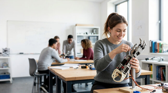 Female engineering student working on a robotic arm in a laboratory. Young woman building a bionic prosthetic in a STEM class