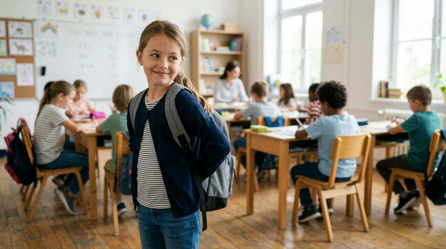 Mischievous schoolgirl with a backpack hiding something behind her back. Smiling young female student standing in a classroom while others study in the background