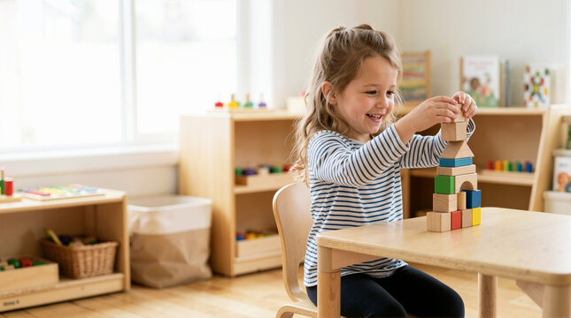 Happy preschool girl stacking colorful wooden blocks at a table. Smiling child building a tower in a bright kindergarten classroom. Early childhood development and play based learning concept