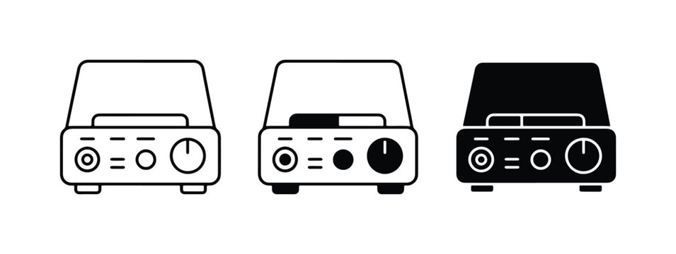 Retro vinyl record player icons, vintage turntable vector set, analog music equipment symbols