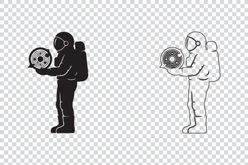 Astronaut holding a planet icon silhouette and outline vector illustration for space exploration and science concepts isolated on transparent background © Maria