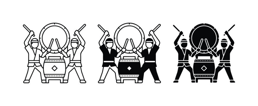 Taiko Drummers, Japanese Festival Performers, Traditional Music Ensemble, Vector Icons