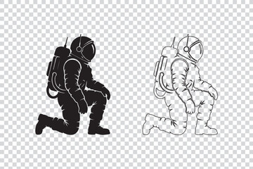 Astronaut silhouette and outline kneeling pose space exploration vector graphic for science and technology concepts isolated on transparent background © Maria