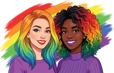 Obraz premium Diverse women with rainbow hair vector illustration, LGBTQ pride celebration concept with colorful artistic paint brushstrokes