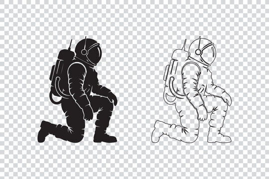 Astronaut silhouette and outline kneeling pose space exploration vector graphic for science and technology concepts isolated on transparent background
