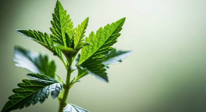 Detailed view of a fresh green homeopathic botanical specimen growing naturally, often utilized for alternative holistic medicine, vibrant, stem, delicate