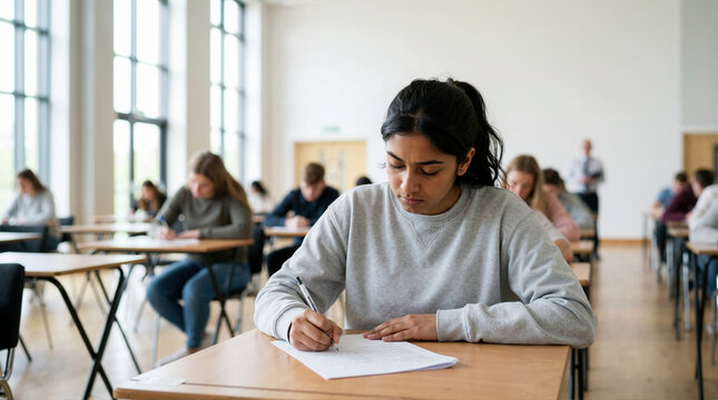 Focused female student writing an exam in a large hall. Young South Asian woman taking a test at a wooden desk