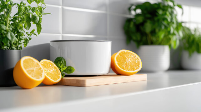 Stovetop potpourri simmering with fresh citrus, vibrant herbs, and natural spices creating a comforting, cozy winter aroma filling a modern kitchen