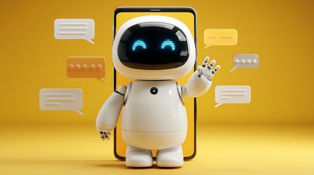 Friendly AI chatbot assistant standing in smartphone with speech bubbles on bright yellow background for digital support concept