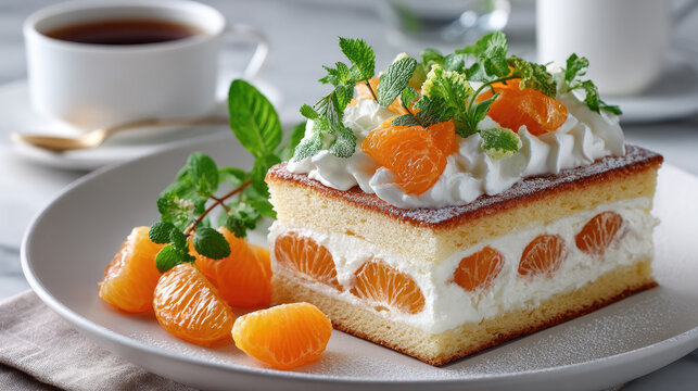 Citrus fruit sando cake featuring layers of sponge and silky whipped cream, topped with fresh mandarin segments, mint, and powdered sugar, served with tea in a delicate cafe setting