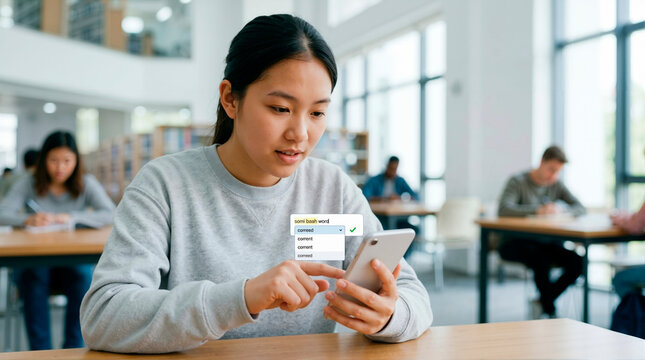 Asian female student using a smartphone app to check spelling and grammar. Young woman studying in a modern university library with digital text correction overlay