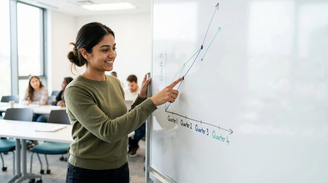 Smiling female student presenting a graph on a whiteboard. Young woman pointing at data during a classroom lecture. Higher education and business presentation concept