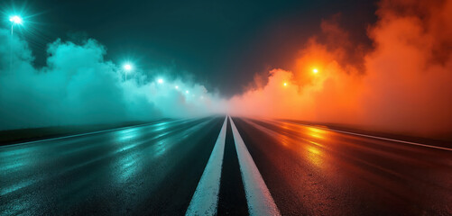 Fototapeta premium Wet asphalt road with twin white lines at night. Bright streetlights illuminate turquoise and orange smoke clouds. Cityscape lights create a blurred, cinematic background with motion.