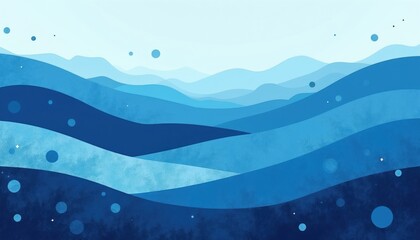 Abstract layered waves create a calming blue landscape effect. Circles and dots float gently across the cool, smooth gradient background, suggesting a serene underwater or misty mountain scene.
