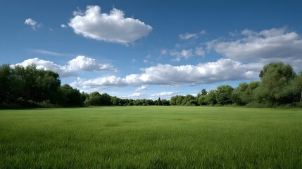 Fototapeta premium A vast green meadow extends beneath a bright blue sky featuring scattered white cumulus clouds and distant forest line