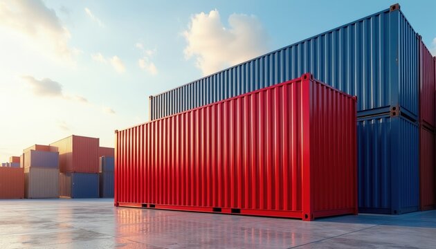 Stacks of colourful shipping containers at a port. Large transport boxes are arranged in rows and columns. Blue and red cargo units stand on concrete ground.