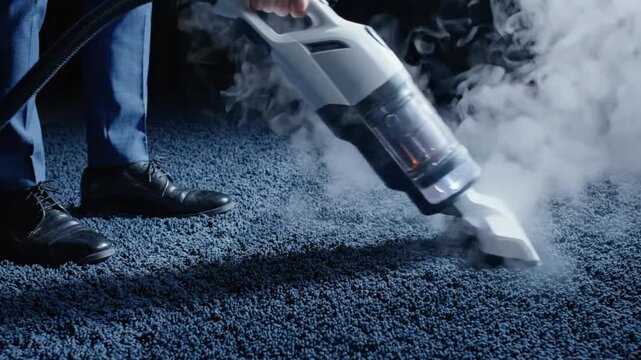 Person using a handheld steam cleaner on a dark blue carpet