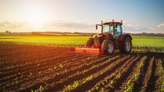 Tractor working in field to prepare soil for planting during spring season in rural area