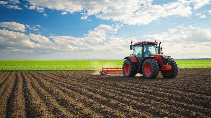 Obraz premium Tractor works on spring field to cultivate soil for planting future crops in sunny weather with clear skies