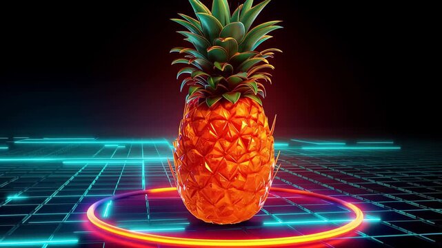 Bright pineapple stands in glowing circle with grid pattern in dark space at night