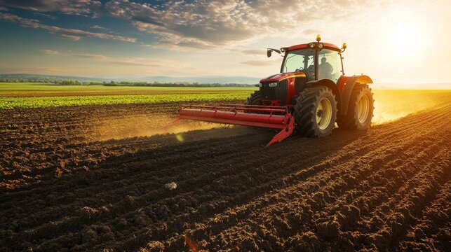 Tractor cultivates field during spring sunlight while preparing land for planting crops and supporting agriculture