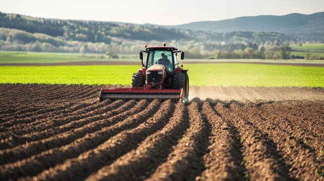 Tractor cultivates a field in spring sunlight as it prepares land for planting crops in a rural setting