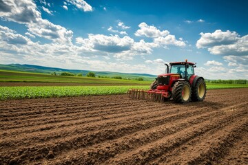 Fototapeta premium Tractor drills seeds into soil on farm field during bright sunny day in rural area