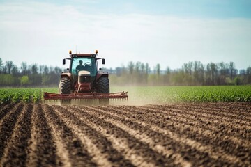 Fototapeta premium Tractor drills seeds in farm field during spring season in rural landscape