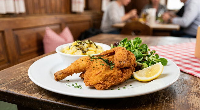 Traditional Austrian Backhendl with potato salad and greens on a wooden table. Crispy breaded and fried chicken served in a rustic restaurant. Copy space for text