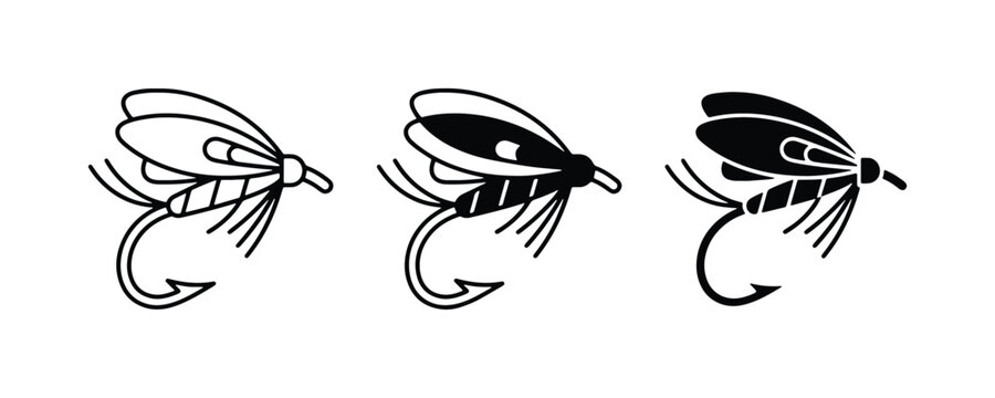 Fly Fishing Lures, Insect Bait Icons, Vector Art Set for Angling