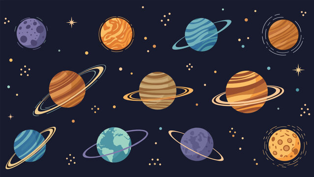 Vast collection of diverse planets with rings and craters scattered across a deep dark blue starry space background.