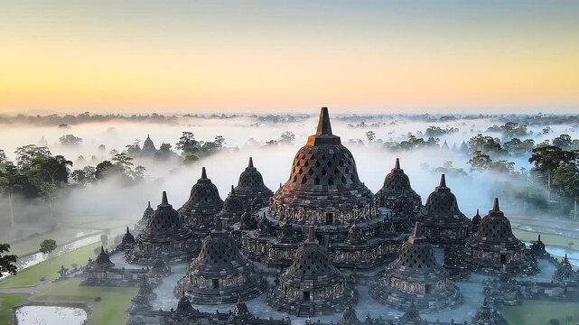 Sunrise Over Borobudur Temple Indonesia Misty Morning Aerial View.