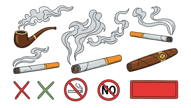 Assorted smoking equipment including a pipe, cigarettes, and a cigar with smoke trails along with several universal no smoking symbols.