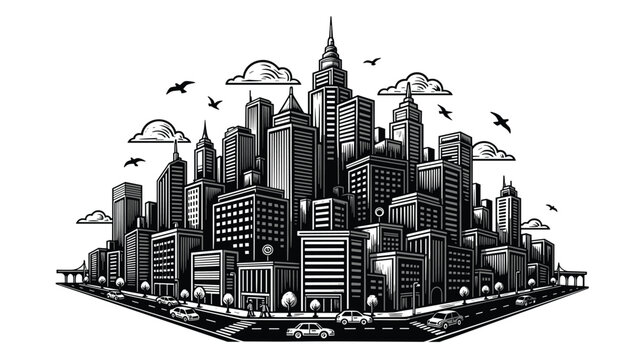 Intricate black and white drawing of a dense urban metropolis with numerous skyscrapers, clouds, birds, and cars on the streets below.
