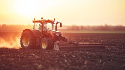 Fototapeta premium Tractor works on field as sun sets, plowing soil for future planting