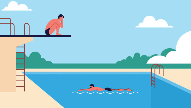 Diver sitting on a high platform above a swimming pool while another person swims laps in the blue water below.