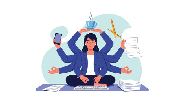 Busy female professional multitasking with many arms while working on a laptop and meditating to maintain balance.