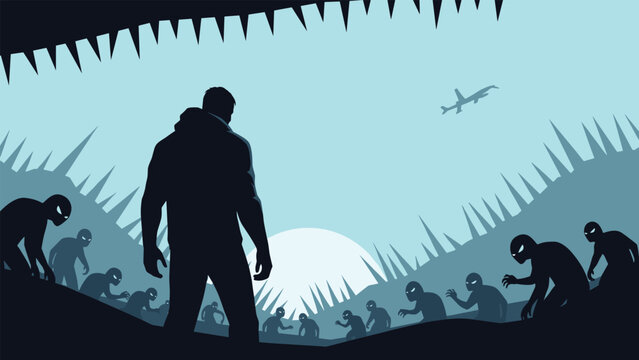 Lone heroic figure standing in a dark valley facing a horde of shadowy zombie creatures under a pale blue sky.