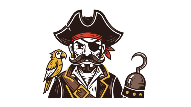 Tough pirate captain with a mustache, eye patch, and hook hand standing with a yellow parrot on his shoulder.