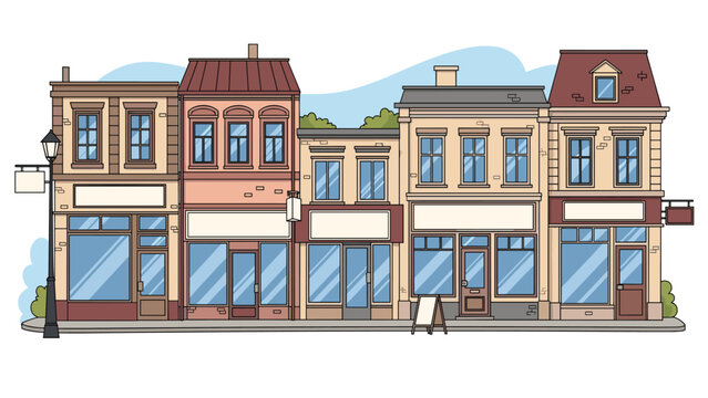 Charming illustration of a row of small town commercial buildings with empty storefront windows and various architectural styles.