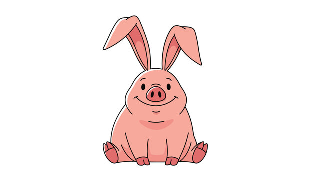 Funny cartoon illustration of a plump pink pig sitting down and sporting a pair of very long rabbit ears on its head.