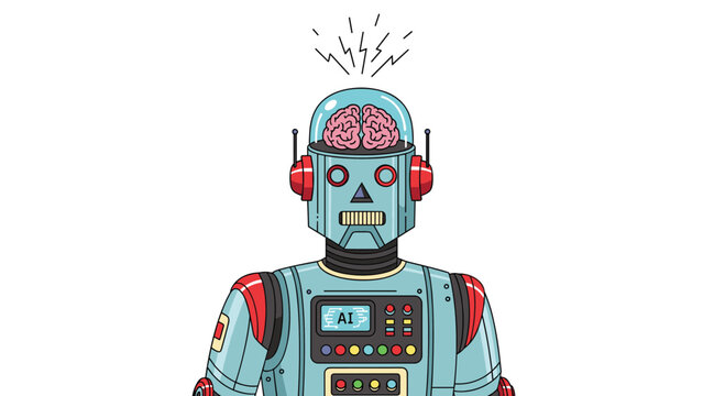 Vintage pixel art robot with a transparent domed head showing a human brain and an electronic AI screen on its chest.