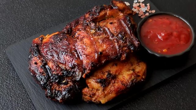 Chicken or turkey, poultry breast baked on the grill or barbecue. Grilled chicken as a food background for your design