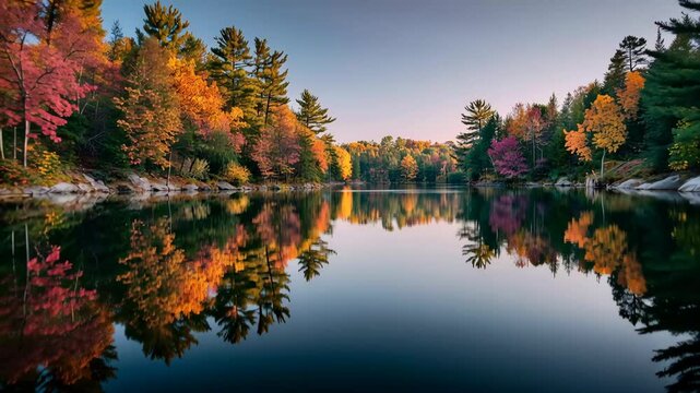 Autumn colors reflect on calm water in a forested area near a lake at sunset