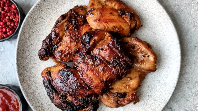 Chicken or turkey, poultry breast baked on the grill or barbecue. Grilled chicken as a food background for your design