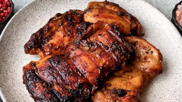 Chicken or turkey, poultry breast baked on the grill or barbecue. Grilled chicken as a food background for your design
