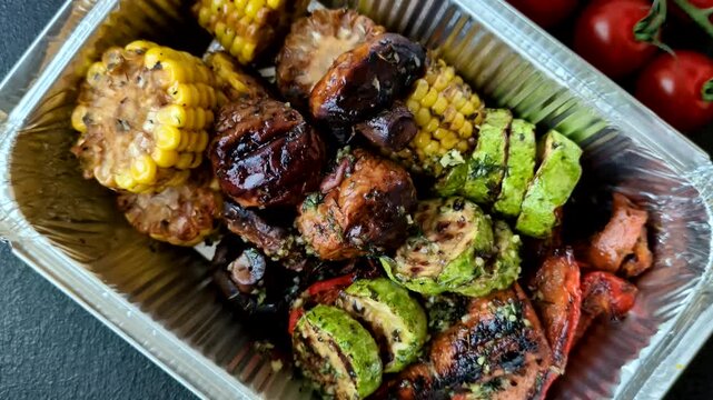 Vegetables such as corn, bell peppers, zucchini, and mushrooms grilled or barbecued, along with salt and spices for the dinner table. Grilled vegetables as a food background for your design