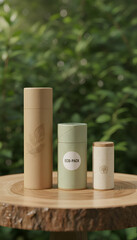 Naklejka premium Three cylindrical cardboard tubes on wood.